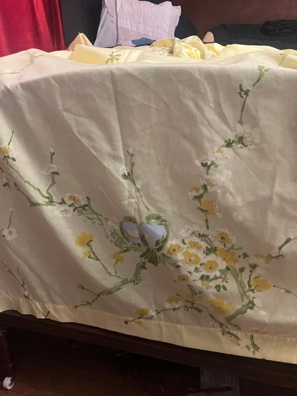 Vintage 1960s Springmaid Yellow Bird & Floral Print Bed Sheet for Double Bed
